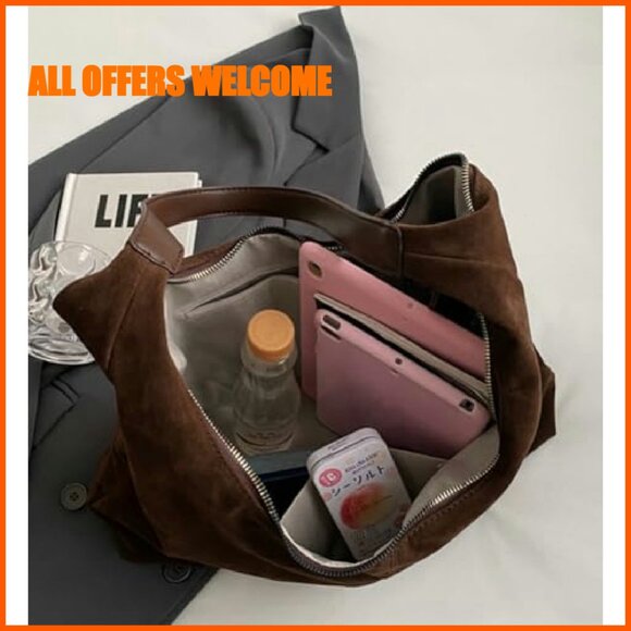 Suede Crescent Shoulder Tote Bag - Top Handle Crossbody Purse for Work Travel - Picture 4 of 8